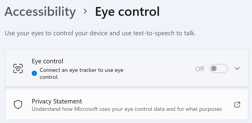 Eye Control section of the Accessibility settings window