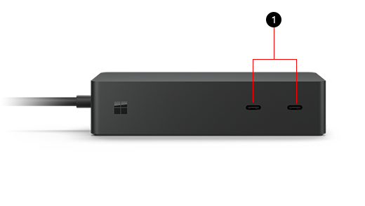 Surface Dock 2 с USB портове с етикет 1, за съответствие с текстовия ключ, който следва изображението.