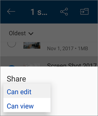 Екранна снимка на промяна на разрешението при споделяне в приложението OneDrive за Android