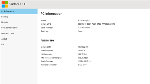 Екранът с информация за компютъра на Surface UEFI