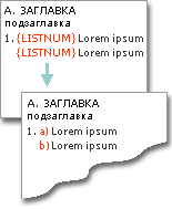 Полета LISTNUM, използвани за генериране на букви на същите редове като цифрите