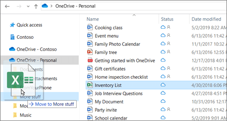 Снимка на преместване на файл в друга папка в OneDrive.