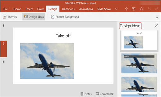 Екранната снимка показва Designer в PowerPoint на Android с "Идеи за проектиране", видими от най-дясната страна на прозореца.