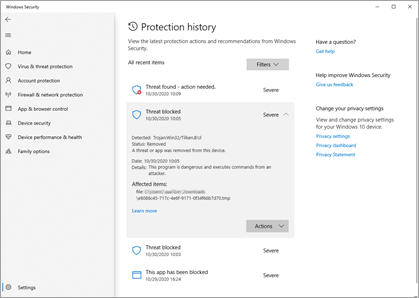 Екранът за хронология на защитата в Windows Security показва няколко примерни инцидента.