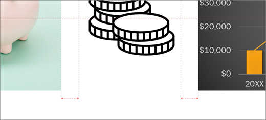Червени пунктирани линии в PowerPoint подравняват три обекта.