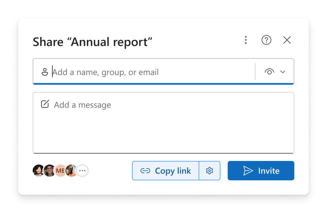 Възможност за споделяне, при която можете да копирате връзка или да изпратите по имейл покана, която дава на хората достъп до елемента
