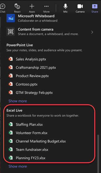Екранна снимка на опциите за споделяне, осветяващи файлове на Excel в събрание на Teams.