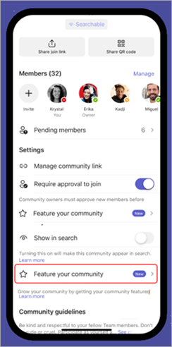 Екранна снимка на опцията за функцията "Вашата общност" в настройките на общността в Microsoft Teams (безплатна версия) на мобилно устройство.