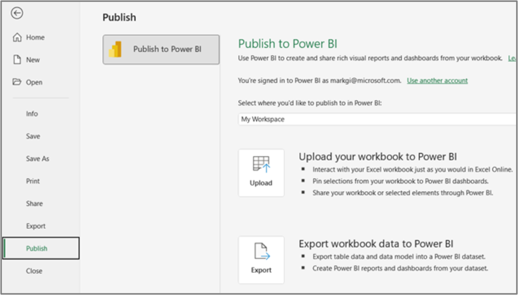 Страницата за публикуване на Excel за Power BI