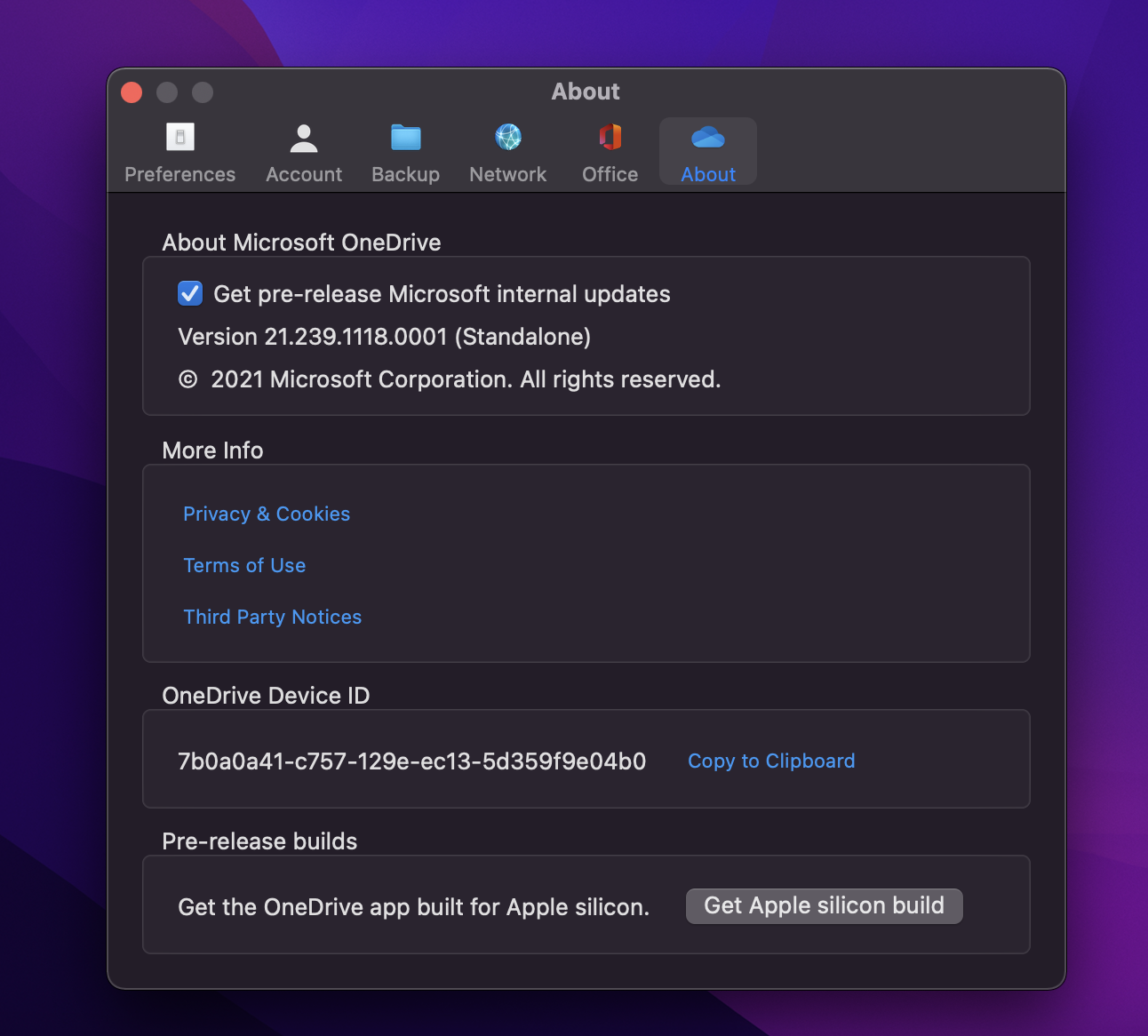 Екранна снимка на страницата с настройки на OneDrive на компютър Mac.
