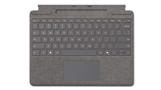 Surface Pro клавиатура с място за съхранение на перо за бизнеса в платина.