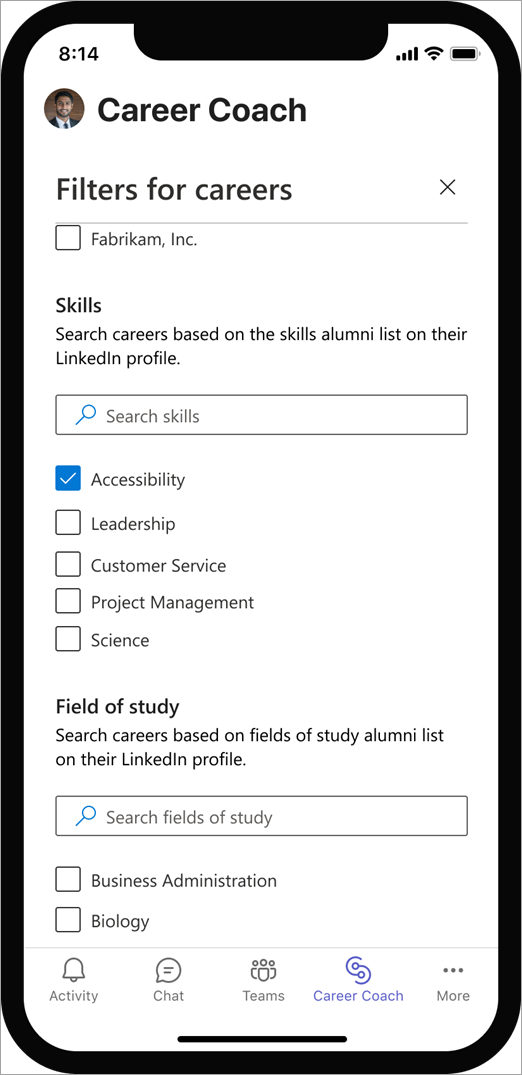 filters for careers with checkboxes
