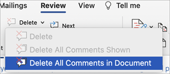 Менюто "Коментар" за бутона "Изтрий" е разгънато и е избрана опцията "Изтриване на всички коментари в документа".