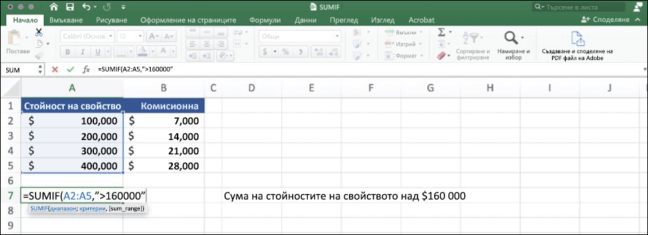 Екранна снимка Excel данни с помощта на функцията SUMIF