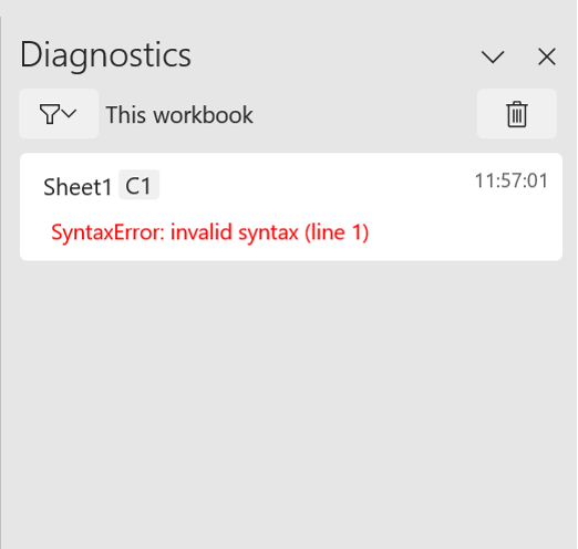 Прозорецът на задачите "Python в диагностиката на Excel", показващ синтактична грешка.