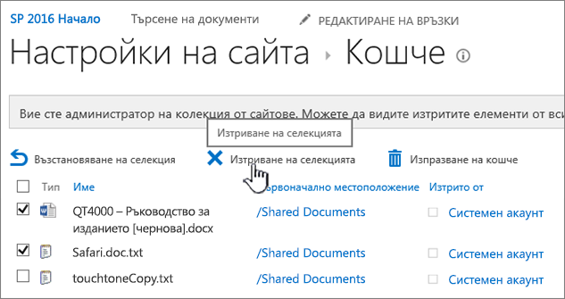 Осветен бутон за изтриване на страница в кошчето на SharePoint 2016