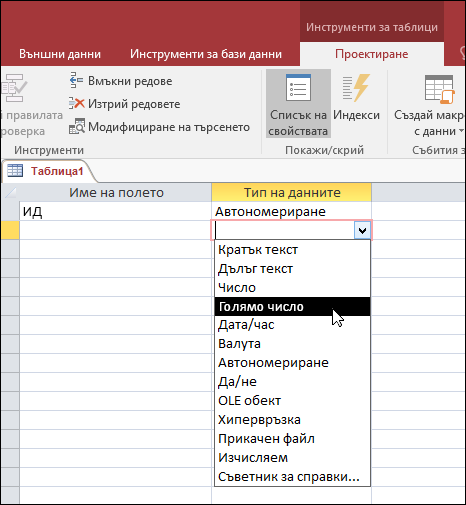 Екранна снимка на списъка с типовете данни в таблица на Access. Избрано е голямо число.
