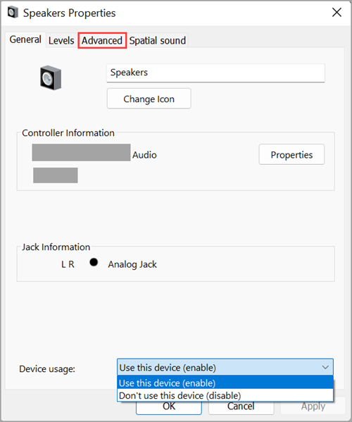 Разрешете вашето аудиоустройство в Свойства на високоговорителите в Windows 11.