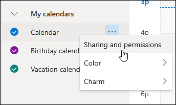 Екранна снимка на курсора, сочещ "Споделяне и разрешения" в контекстното меню на календара