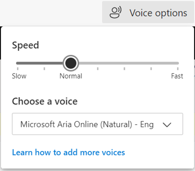 Падащо меню с опции за глас за четене на глас в Outlook за уеб