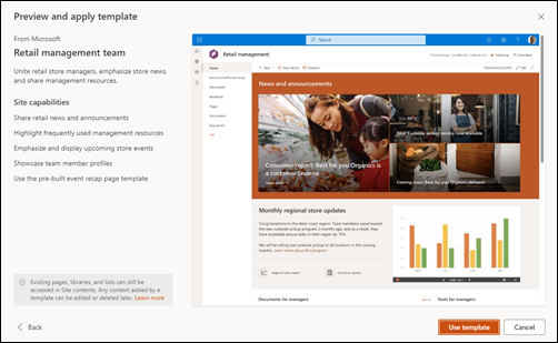 Прозорец за визуализация на избран шаблон за сайт на Microsoft.