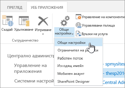 Секцията ''Управление'' на лентата с избрана опция ''Общи настройки''