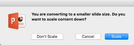 Когато променяте размера на слайдовете, PowerPoint пита дали да мащабира съдържанието така, че да се побере в слайда.
