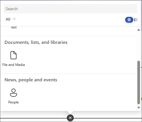 Екранна снимка на екрана за избор на уеб част, показваща уеб частите "Файл", "Мултимедия" и "Хора".