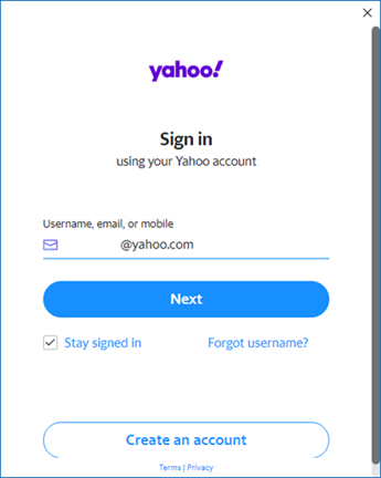 Екран за настройка на Yahoo Outlook 1 – въведете потребителско име