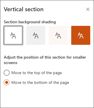 екранна снимка на екрана за редактиране на вертикална секция