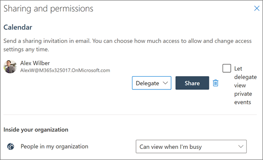 Делегиране на достъп до вашия календар в Outlook в уеб