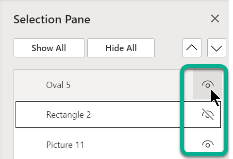 В Екран на селекцията използвайте символа "око" отдясно на който и да е обект, за да го покажете или скриете.