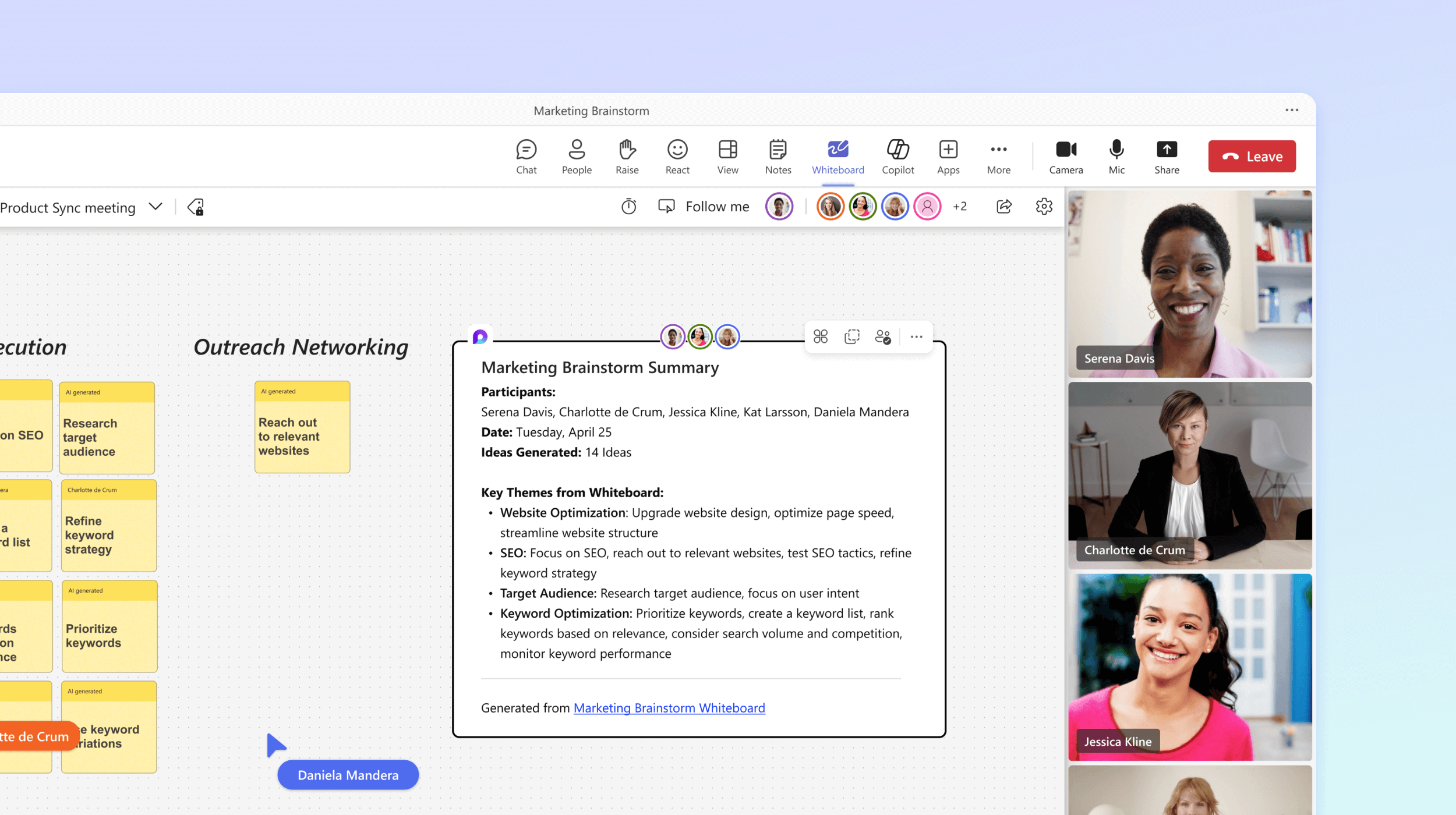 Екранна снимка показва Copilot в Whiteboard, обобщаващ обсъждането в събранието.