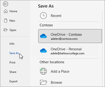 Диалогов прозорец "Запиши като", показващ OneDrive