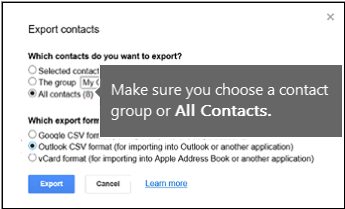 Избиране на контакти за експортиранията и избиране на csv формат на Outlook за експортиране на контакти от Google