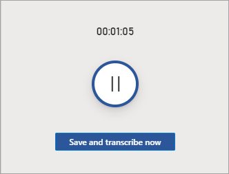 Интерфейсът за запис с увеличаване на времето за запис, бутон за пауза в средата и бутон за запис и преписване в долната част.