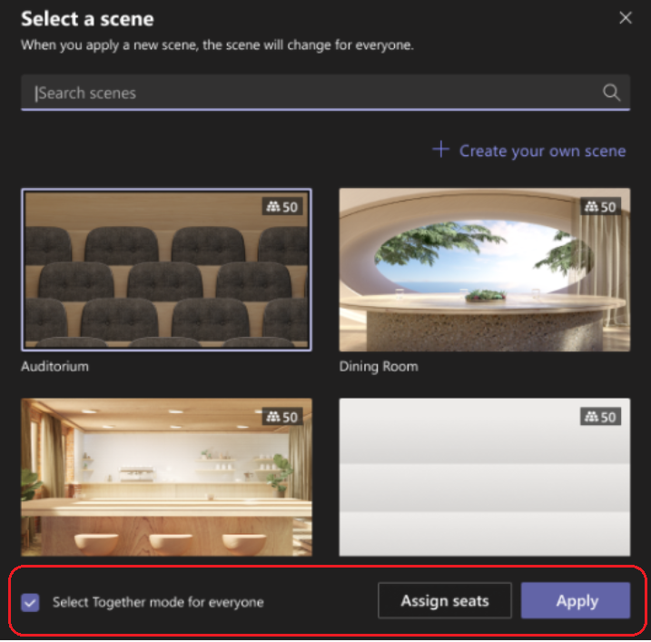 Изображение, показващо екрана "Избор на сцена" с отметка в квадратчето "Заедно" за всички в долната част.
