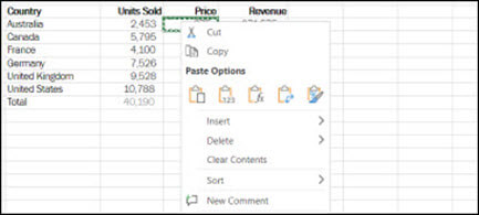 Щракнете с десния бутон върху произволна клетка, за да покажете опциите за изрязване/копиране/поставяне в Excel за уеб.