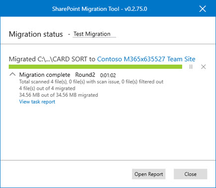 Преглед на отчета на задачата за изпълнение SharePoint на инструмента за мигриране.