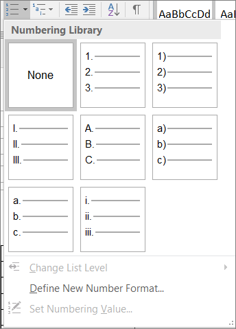 Екранна снимка на опциите за стил на номериране