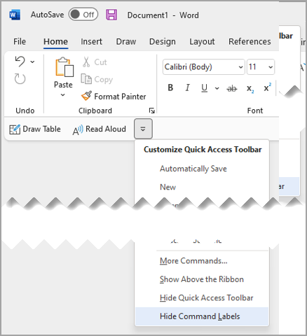 Quick Access Toolbar drop down select Hide Command Labels