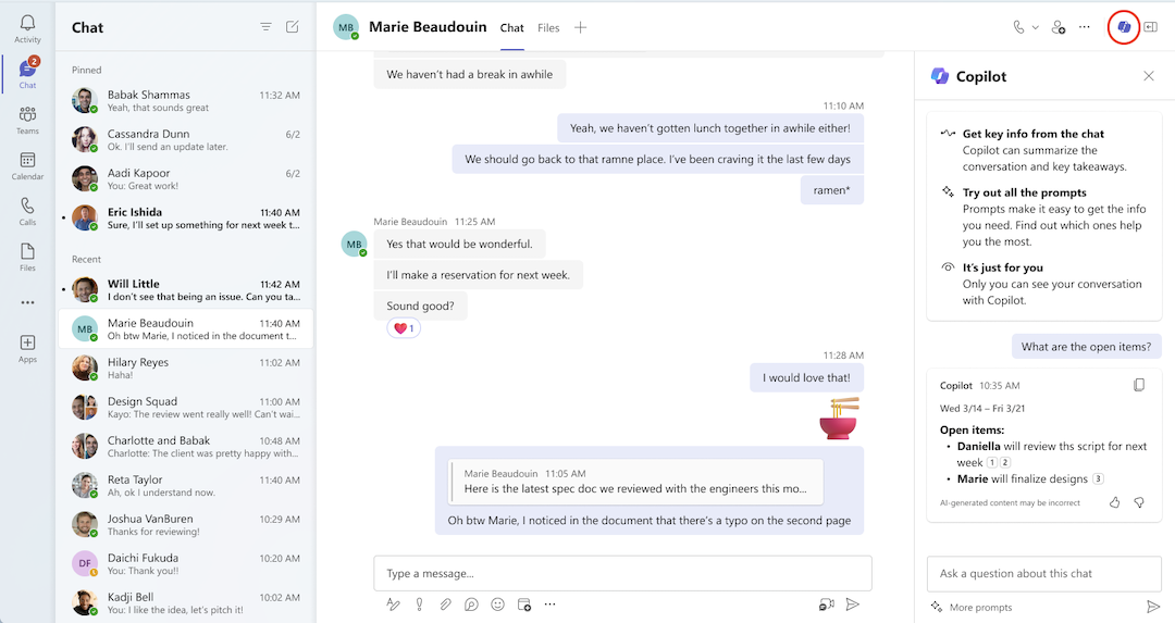 Изглед на Copilot в чат в Teams
