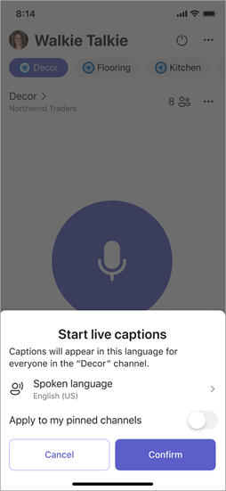 Екранна снимка, показваща опциите при включване на надписи на живо
