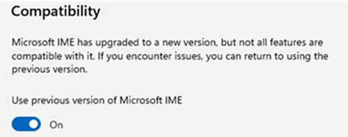 Екранна снимка на раздела за съвместимост с Microsoft IME