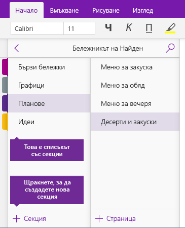 Екранна снимка на бутона за добавяне на секция в OneNote