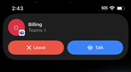 Walkie Talkie във фонов режим на iOS, показващ името на канала и бутоните