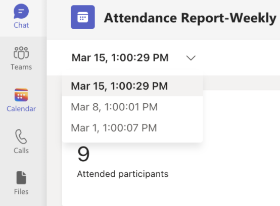 Изображение, което показва прозореца за седмичен отчет на Attendance с разгънато падащо меню за отчет.