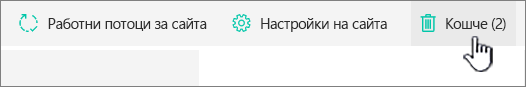 Бутон "Кошче" на страницата "Съдържание на сайт" на SharePoint Online