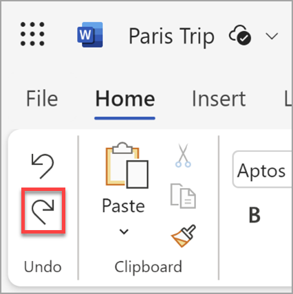 Бутонът "Върни" в Microsoft Word за уеб.