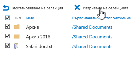 Кошче от второ ниво на SharePoint 2016 с осветени всички избрани елементи и изтриване